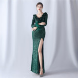 Feathers Sequins Long Sleeve Evening Dress