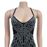 Fashion Women's Solid Color Mesh Beaded Straps Long Dress