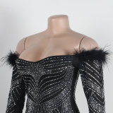Women's Beaded Feather Off Shoulder Bodycon Dress