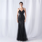 Floral Sequin Mesh Evening Dress