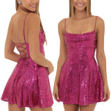 Fashionable Sexy Straps Sequin Bow Contrast Color Dress For Women