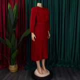 Plus Size African Women Chic Elegant Pleated Career Solid Dress