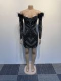 Women's Beaded Feather Off Shoulder Bodycon Dress