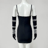 Women's Black Spiked Sleeves Straps Sleeveless Rhinestone Dress Women's Clothing