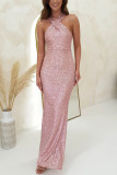 Women Sexy Backless Sleeveless Sequin Maxi Evening Dress