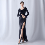 Feathers Sequins Long Sleeve Evening Dress