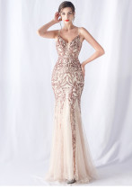 Floral Sequin Mesh Evening Dress