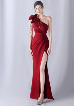 Flowers Rhinestone Tassels One Shoulder Evening Dress
