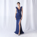 Women Wedding Ruffle Slit Dinner Evening Dress