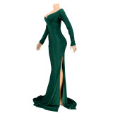 Women Sexy V-Neck Dress Solid Slit Long Sleeve Maxi Dress