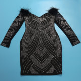 Women's Beaded Feather Off Shoulder Bodycon Dress