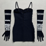 Women's Black Spiked Sleeves Straps Sleeveless Rhinestone Dress Women's Clothing