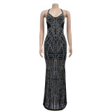 Fashion Women's Solid Color Mesh Beaded Straps Long Dress