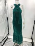 Women Sexy Backless Sleeveless Sequin Maxi Evening Dress