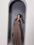 Chic Retro V-Neck Puff Sleeve Long Slim Waist Long-Sleeved Dress