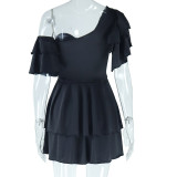 Women Solid Ruffle Sleeve Irregular Slash Shoulder Cascading Ruffles Dress