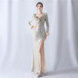 Feathers Sequins Long Sleeve Evening Dress