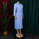 Plus Size African Women Chic Elegant Pleated Career Solid Dress