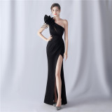 Flowers Rhinestone Tassels One Shoulder Evening Dress