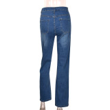 Sexy Low Rise Denim Embroidered Cutout Style Stretch Tight Fitting Pants