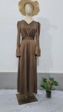 Chic Retro V-Neck Puff Sleeve Long Slim Waist Long-Sleeved Dress