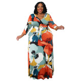 Plus Size Women Pocket Tie Printed Dress