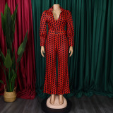 Women's Autumn and Winter V-neck Puff Sleeve Slim Waist Printed Wide Leg Plus Size African Jumpsuit