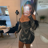 Women's Beaded Feather Off Shoulder Bodycon Dress