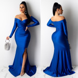 Women Sexy V-Neck Dress Solid Slit Long Sleeve Maxi Dress