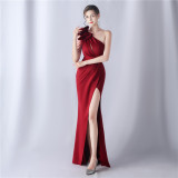 Flowers Rhinestone Tassels One Shoulder Evening Dress