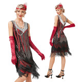 Women Vintage Collar Double Layer Tassel Cocktail Ball Sequin Bead Dress