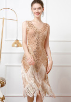 Women Retro Double Layer Tassel Sequin Party V Neck Beading Dress Women Retro Double Layer Tassel Sequin Party V Neck Beading Dress