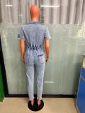 Women Stretch Washed Denim Short Sleeve Jumpsuit