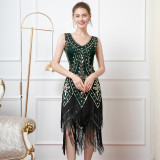 Women Retro Double Layer Tassel Sequin Party V Neck Beading Dress