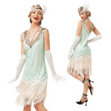 Women Vintage Collar Double Layer Tassel Cocktail Ball Sequin Bead Dress