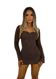 Women Long Sleeve Solid Square Neck Sexy Mini Dress