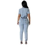 Women Stretch Washed Denim Short Sleeve Jumpsuit