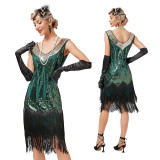 Women Vintage Collar Double Layer Tassel Cocktail Ball Sequin Bead Dress