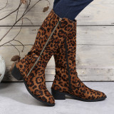 Women French Retro Leopard Print Medium Chunk Heel Short Boots Overboots