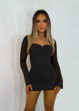 Women Long Sleeve Solid Square Neck Sexy Mini Dress