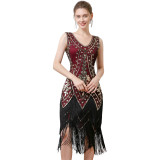 Women Retro Double Layer Tassel Sequin Party V Neck Beading Dress