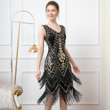 Women Retro Double Layer Tassel Sequin Party V Neck Beading Dress