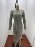 Women Shiny long-sleeved V-neck sparkling evening sexy dress