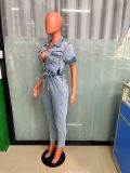 Women Stretch Washed Denim Short Sleeve Jumpsuit