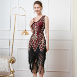 Women Retro Double Layer Tassel Sequin Party V Neck Beading Dress