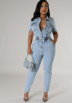 Women Stretch Washed Denim Short Sleeve Jumpsuit Women Stretch Washed Denim Short Sleeve Jumpsuit