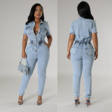 Women Stretch Washed Denim Short Sleeve Jumpsuit