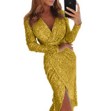 Women Shiny long-sleeved V-neck sparkling evening sexy dress