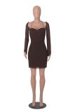 Women Long Sleeve Solid Square Neck Sexy Mini Dress