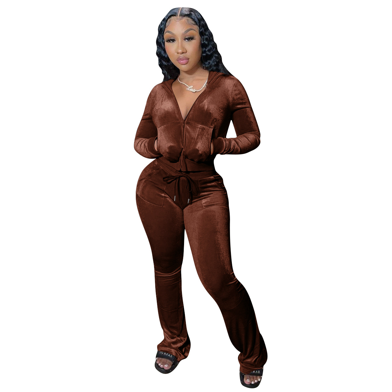 Women's Solid Velvet Casual Zipper Hoodies Wide Leg Pants Two Piece Set